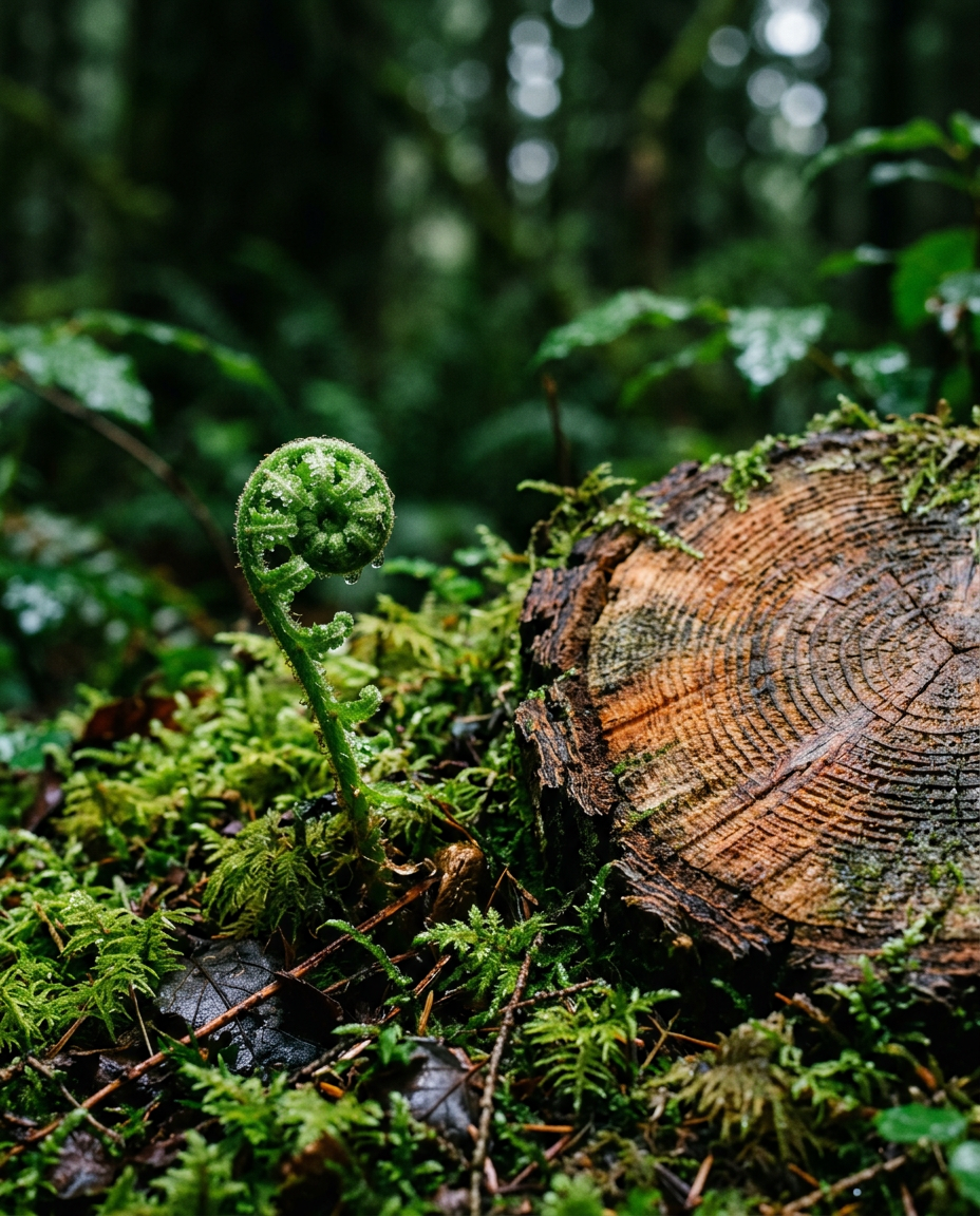 A young fern unfurling beside the rings of an old tree stump on a mossy forest floor