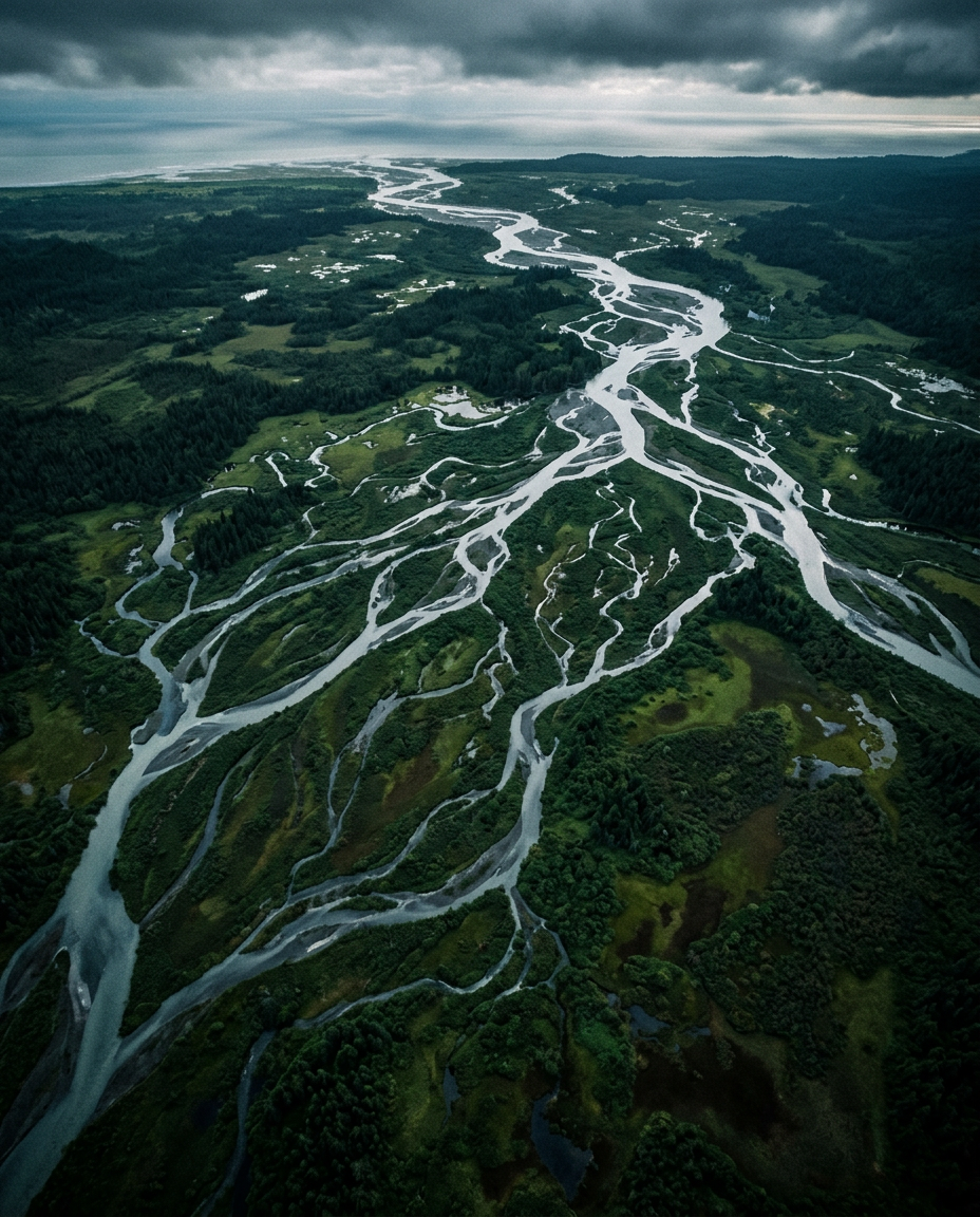 Aerial view of a braided river delta branching through dark green wetlands