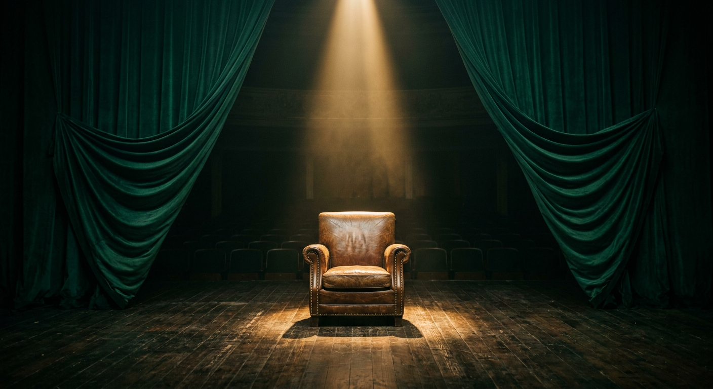 An empty leather armchair on a stage framed by emerald velvet curtains under a single golden spotlight